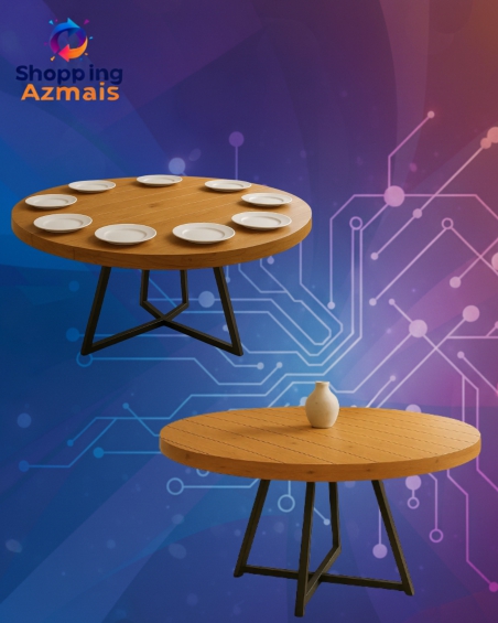 Mesa Industrial Redonda 130cm Madeira Maciça 8 A 10 Lugares - Amêndoa - Preto