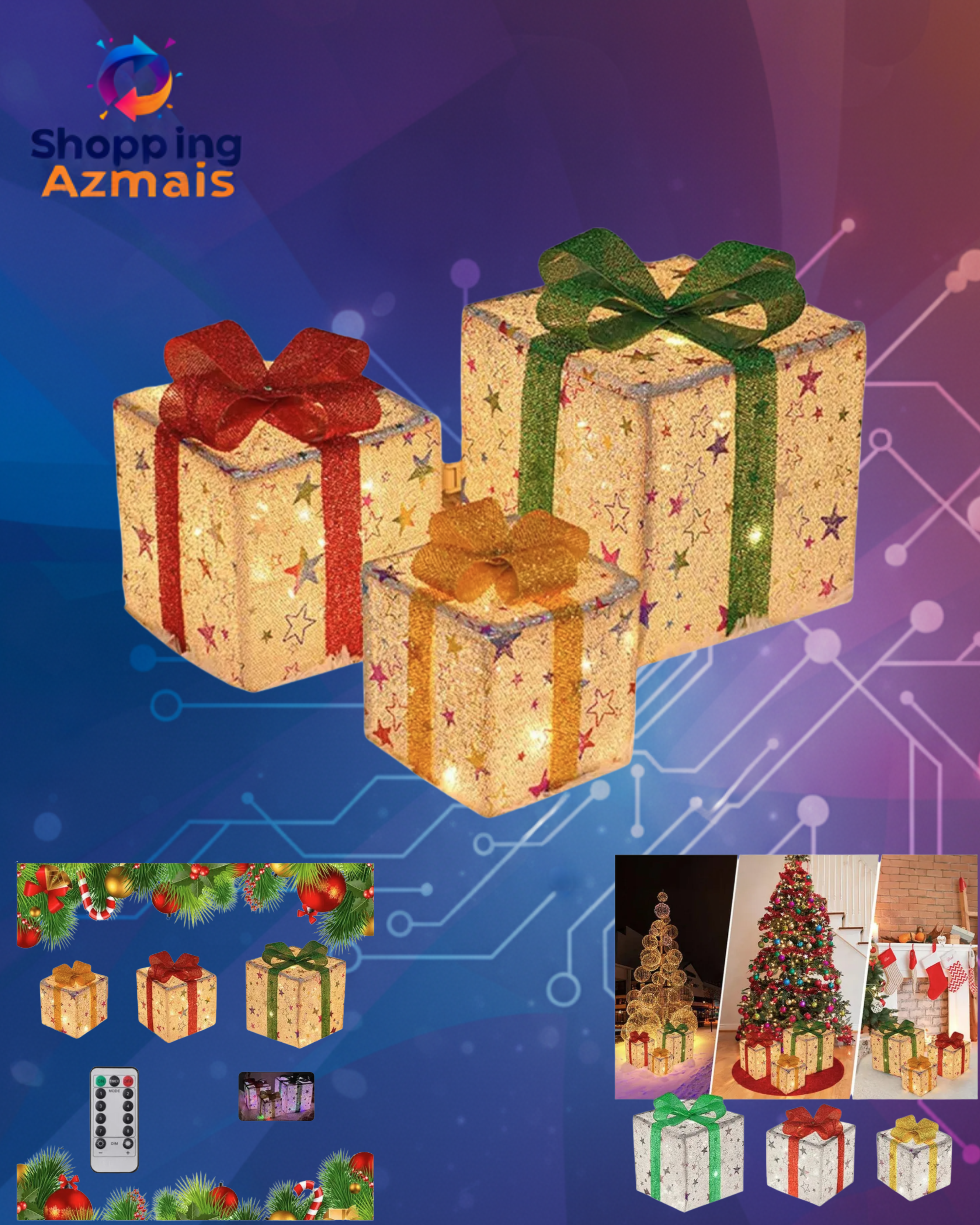 Caixa De Presente Luminosa /y 8 Modos, 3 Unidades, Luzes