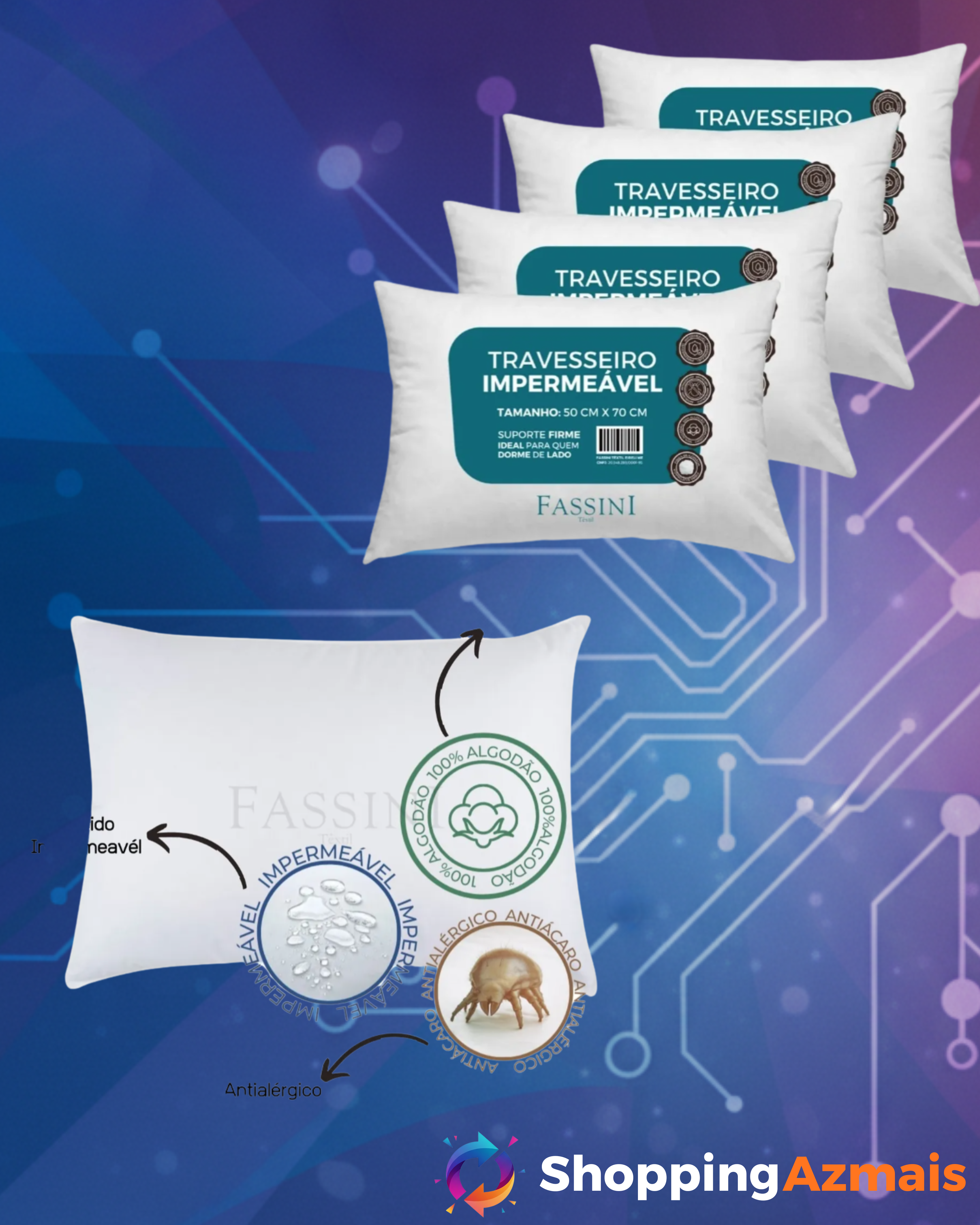 4 Travesseiros Antialérgico Impermeável 50x70 Super Macio - Branco