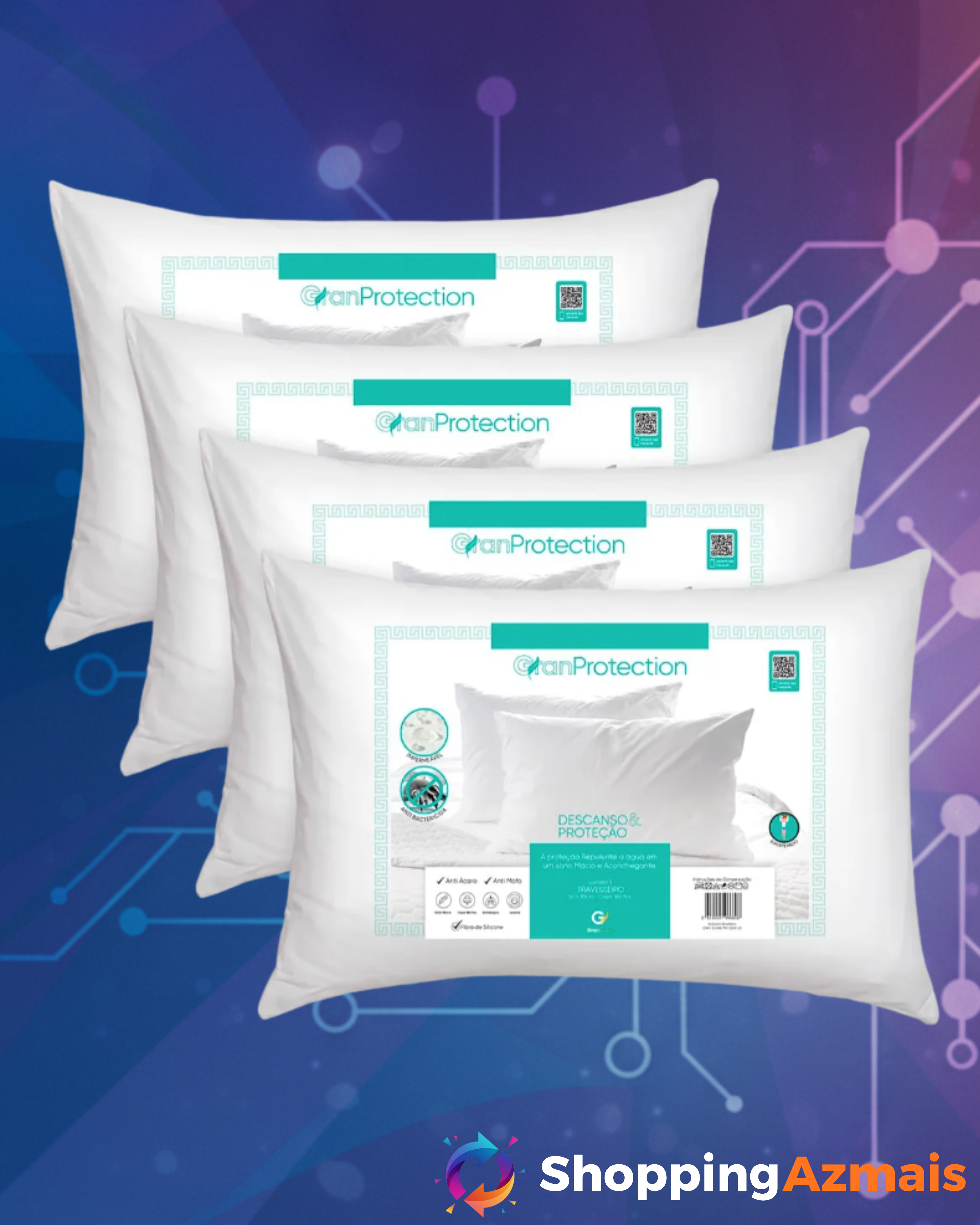 4 Travesseiros Impermeável Antialérgico 50x70 Suporte Medio