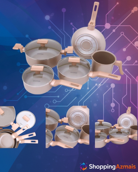 Mimo Style Conjunto 5 Panelas Sartin Cook Estrutura em Alumínio Revestida em Cerâmica, Base Alto Relevo. Tampa Vidro Temperado Alças e Cabos Soft-Touch. Fogão a G