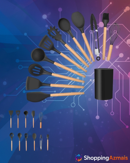 Kit 12 Utensílios De Cozinha Em Silicone E Cabo De Madeira Jogo De Utensílios Resistente ao Calor Antiaderente Premium GAXMARK