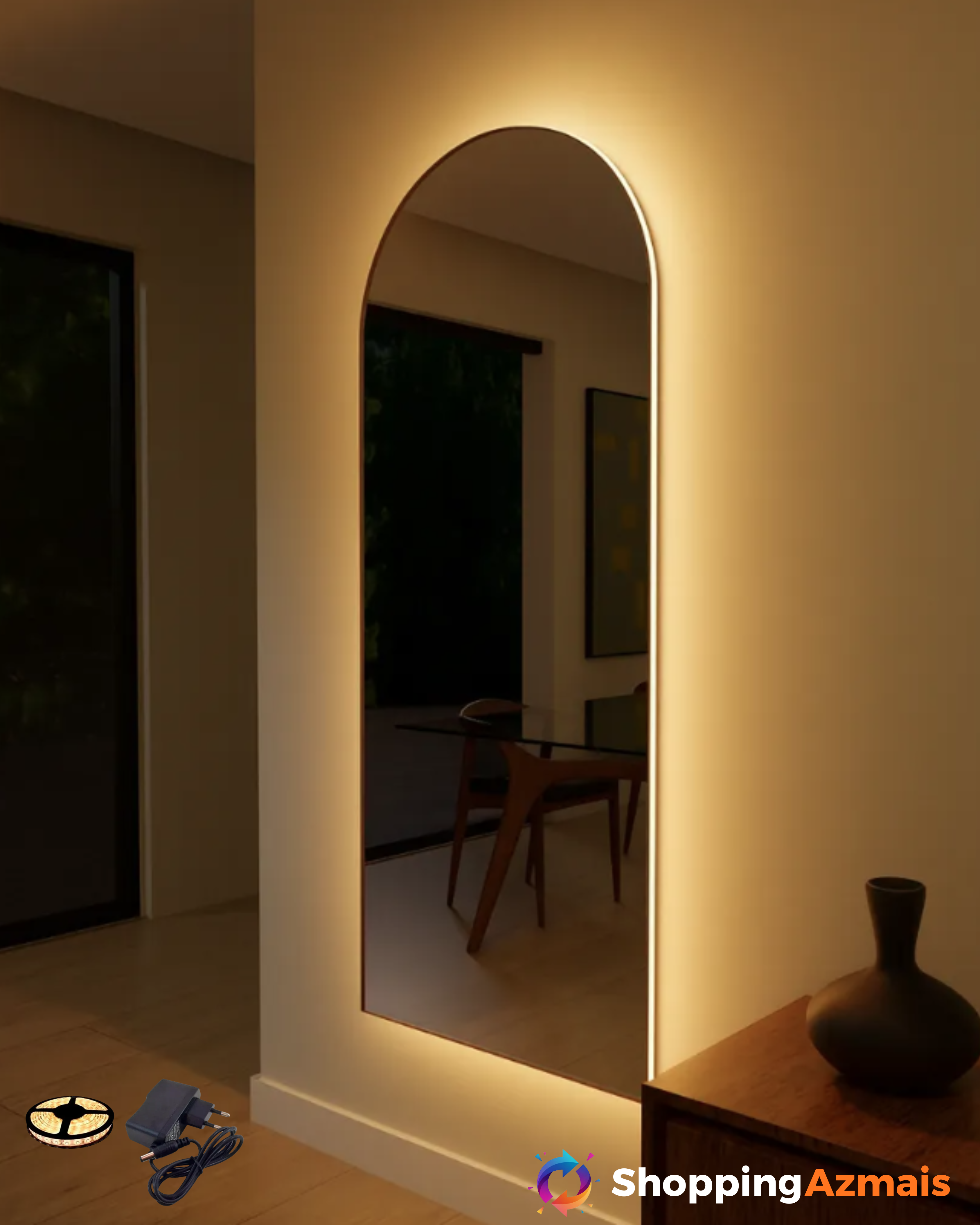 Espelho Janela Led Moldura Couro 2 Metros Sala Hall Bivolt