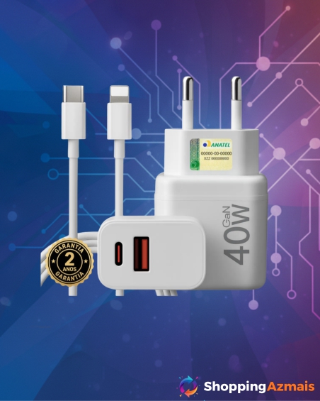 Carregador Turbo 40w Compativel Com iPhone 8 X Xr 11 12 13 14 Pro Max Usb Tipo C Duplo