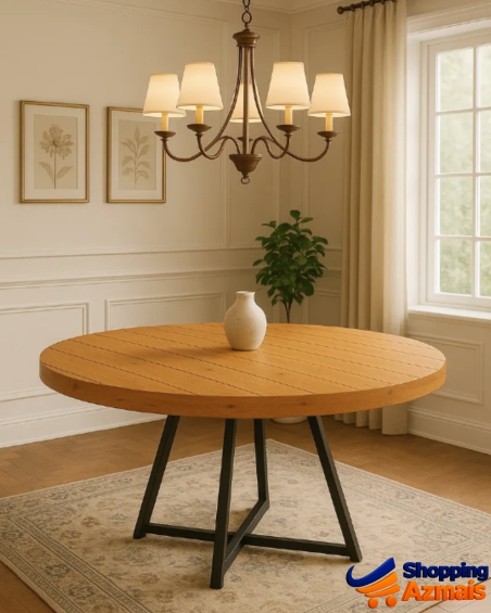 Mesa Industrial Redonda 130cm Madeira Maciça 8 A 10 Lugares - Amêndoa - Preto