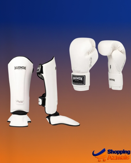 Kit Com Luva Classic White + Caneleira White Para Muay Thai
