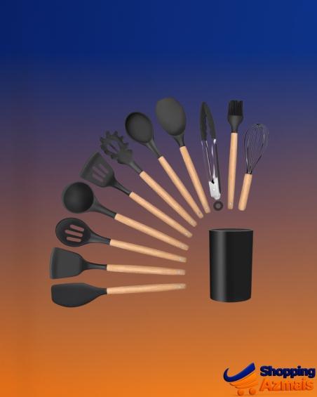 Kit 12 Utensílios De Cozinha Em Silicone E Cabo De Madeira Jogo De Utensílios Resistente ao Calor Antiaderente Premium GAXMARK
