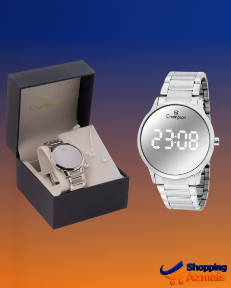 Relógio Feminino Digital Champion Original Ch40142s Cor da correia Prata Redondo Cor do bisel Prata Cor do fundo Led Branco